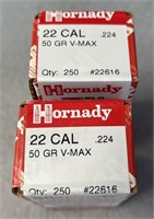 (500) Hornady 22 Cal (.224) Bullets, 50 Gr VMAX