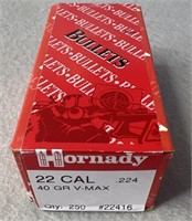 (250) Hornady 22 Cal (.224) Bullets, 40 Gr VMAX