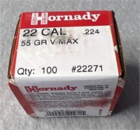 (100) Hornady 22 Cal (.224) Bullets, 55 Gr VMAX
