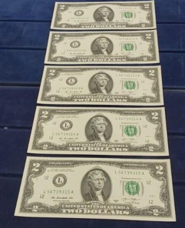 5 2013 $2 Bills in number order