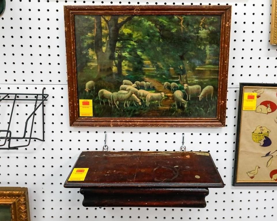 Antique Lamb Print & 1-Drawer Wood Clock Shelf