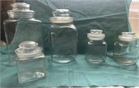 5 Glass Canisters General Store 6" to 10" tall