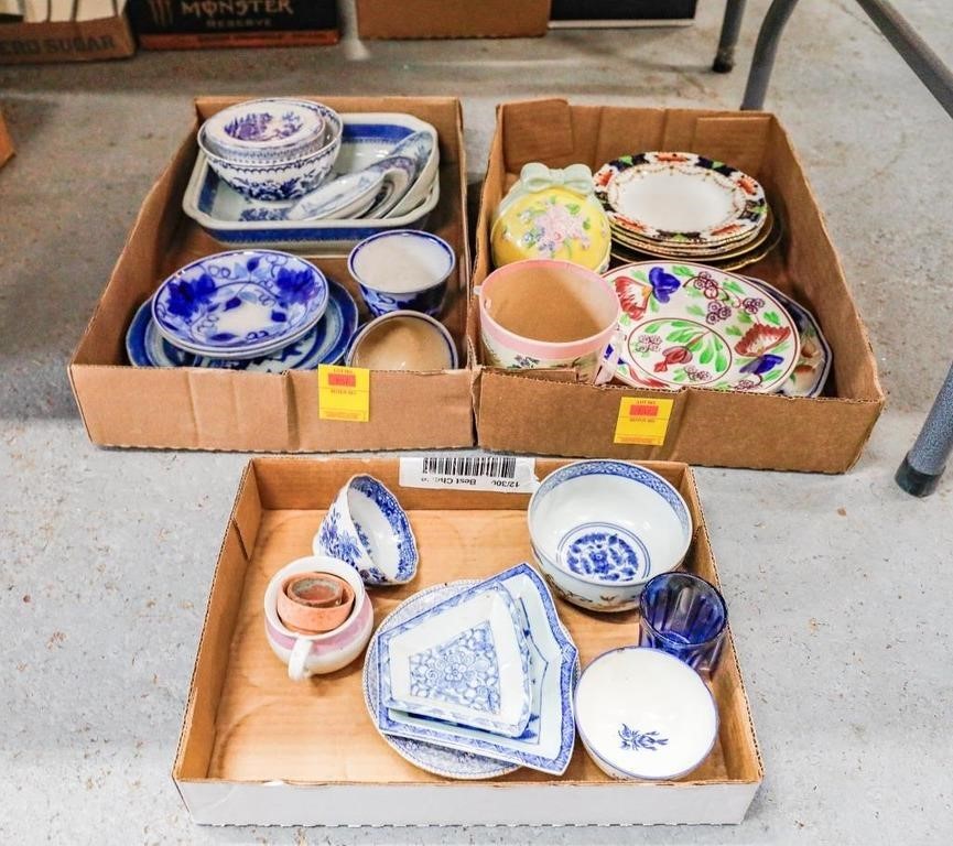 (3) Flat of Assorted China, Flow Blue and Blue
