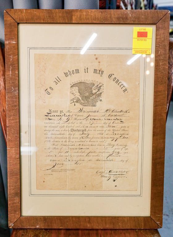 Framed Civil War Discharge Certificate Dated
