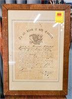 Framed Civil War Discharge Certificate Dated