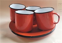 8 Pc Red Black Enamelware Camping Set Plates Mugs