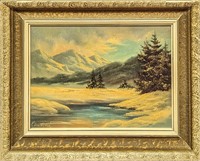 Framed Original Oil On Canvas Mountain Landscape