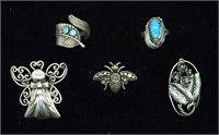(5) Sterling Pins & Rings with Turquoise