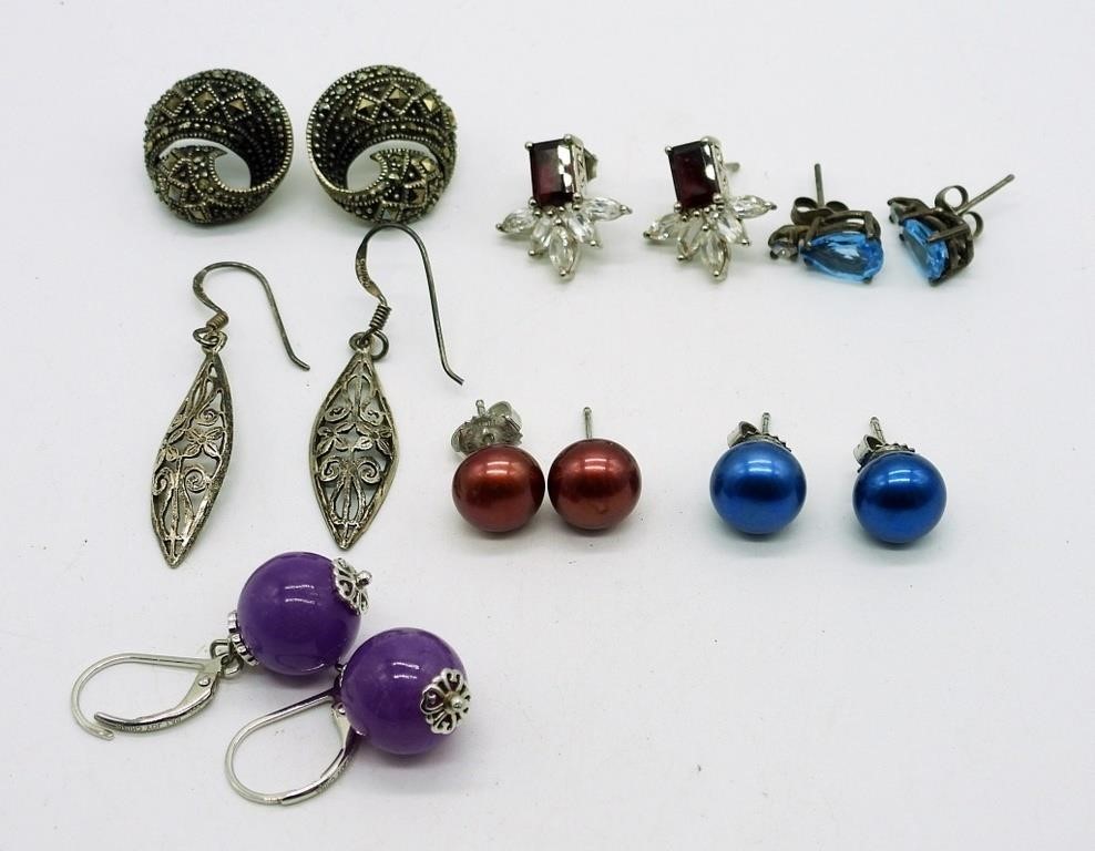 (7) Pair Gemstone Pearl Earrings 925
