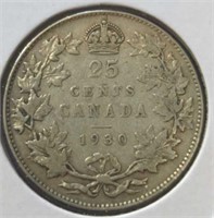 Silver 1930 Canadian quarter