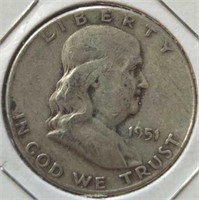 Silver 1951 Ben Franklin half dollar