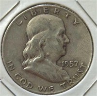 Silver 1957 d. Ben Franklin half dollar