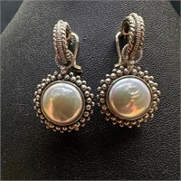 Sterling Silver Button Pearl Hanging Earrings