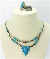 Vintage Liquid Silver Turquoise Necklace & Rings 9