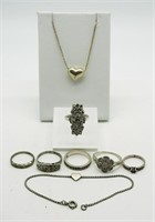 (8) Sterling Marcasite Rings, Bracelet & Necklace