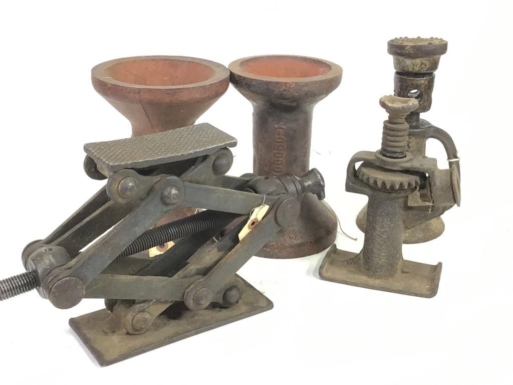 3 VIntage HEAVY Jacks & Cast Iron Stands