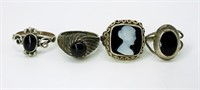 (4) Vintage Sterling Onyx Cameo Rings