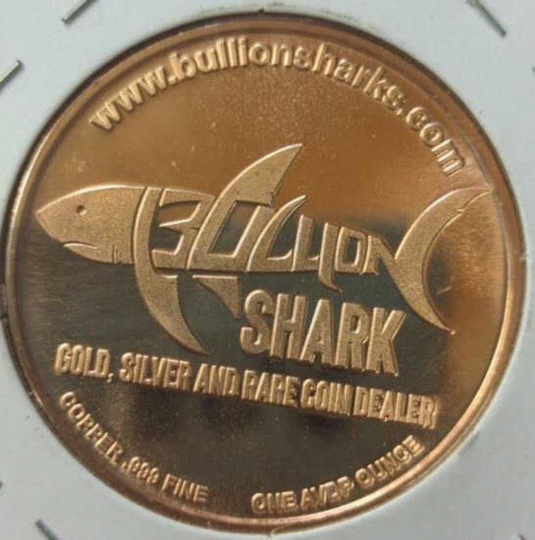 .999 fine copper one AVDP ounce bullion shark