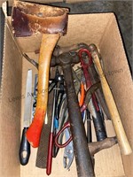 Box of assorted tools, hatchet, hammers
