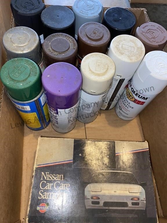 Box of spray paint, Nissan car care sampler