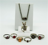 7 Sterling Gemstone Rings & a Necklace