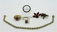 Two Vintage 925 Rings, Pin, Bracelet & Antique Red