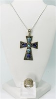 Large Sterling Gemstone Cross Necklace & Ring