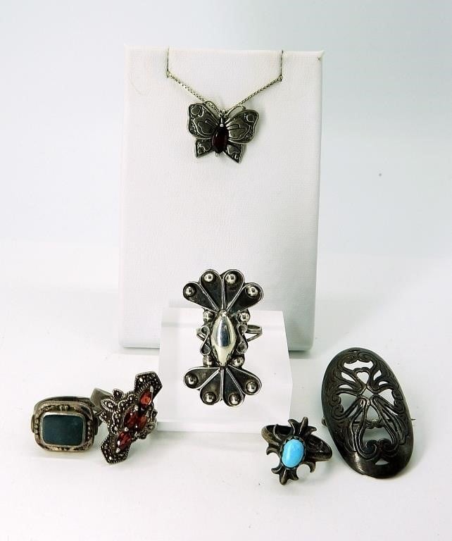 Vintage Sterling Rings, Pin & Necklace with Gemsto