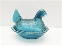 Blue Glass Chicken Candy Dish 5"T