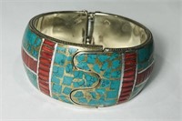 Natural Tibet Hand Made Coral & Turquoise Wide Ban