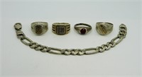 (4) Sterling Men's Rings and Sterling Bracelet