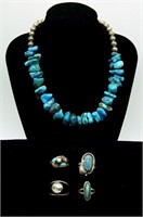 Vintage Sterling Turquoise Rings & Necklace