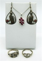 (4) Sterling & Ruby Necklace, Earrings & Rings