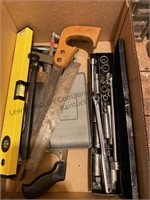 Keyhole saw small level, hammer, hacksaw, and