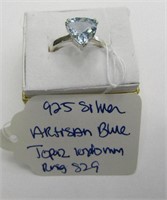 925 Silver Artisan Blue Topaz 10x10mm Ring Sz 9
