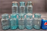8 Antique Blue Ball & Atlas Mason Jars w Lids