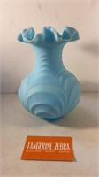 Fenton Blue Satin Ruffled Glass Vase
