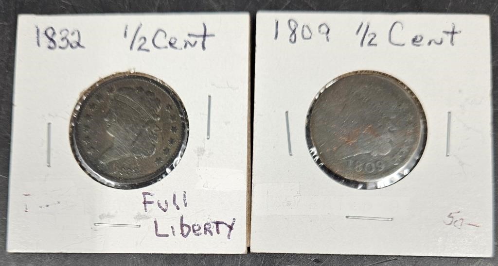 2 US Large Half-Cents - 1809, 1832