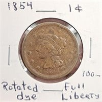 1854-D Large Cent - Rotated Dye, Full Liberty