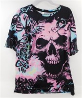 Size XXL Black T-Shirt with Pink & Blue Skulls on