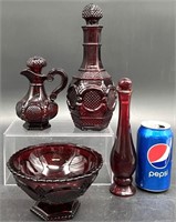 Cape Cod Red 3 Decanters & Candy Dish in Boxes