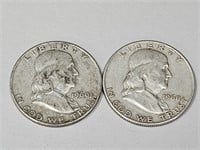 2- 1960 D Franklin Silver Half Dollar Coins