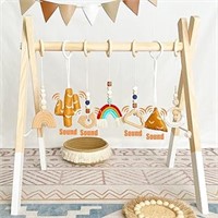 Baby Play Gym Wooden Baby Gym with 7 Toys, Foldabl
