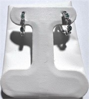 14K WHITE GOLD EARHOOPS W/ TINY EMERALDS, DIAMONDS