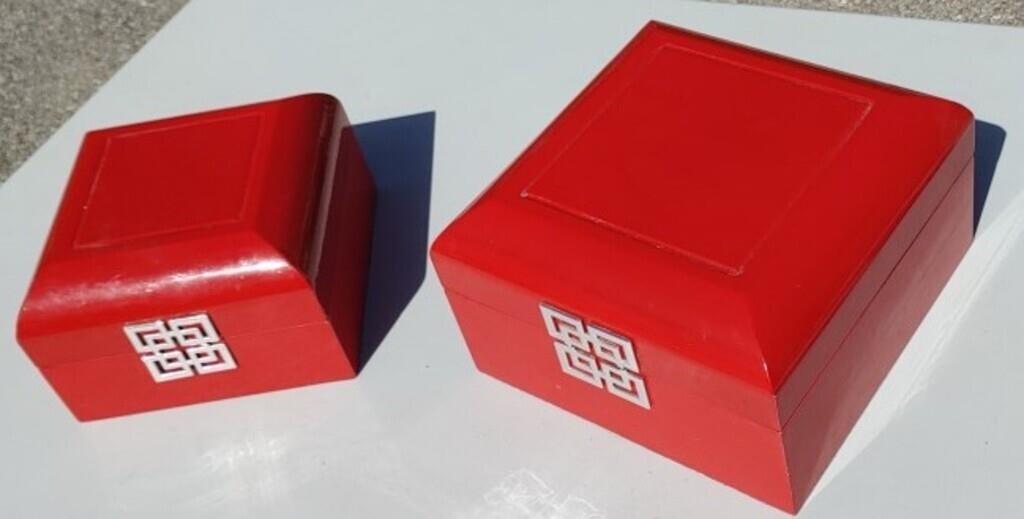 Pair Of Asian Themed Red Lacquer Boxes