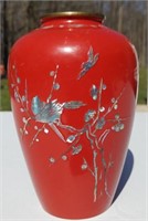 Red Lacquer Brass Vase With Pearl Inlays