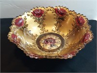 Antique Gold Goofus Glass Rose Pattern Bowl