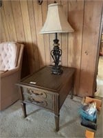 Wood One Drawer Side Table with Metal Lamp
