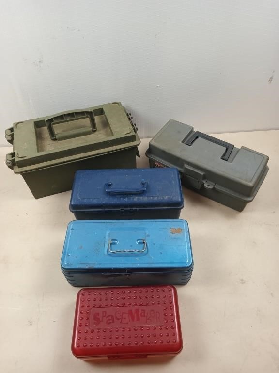 Plastic ammo can, plastic and metal boxes