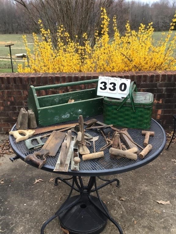 HAY HOOKS, SAW, CAST IRON, TOOLBOX, AND PICNIC TIN